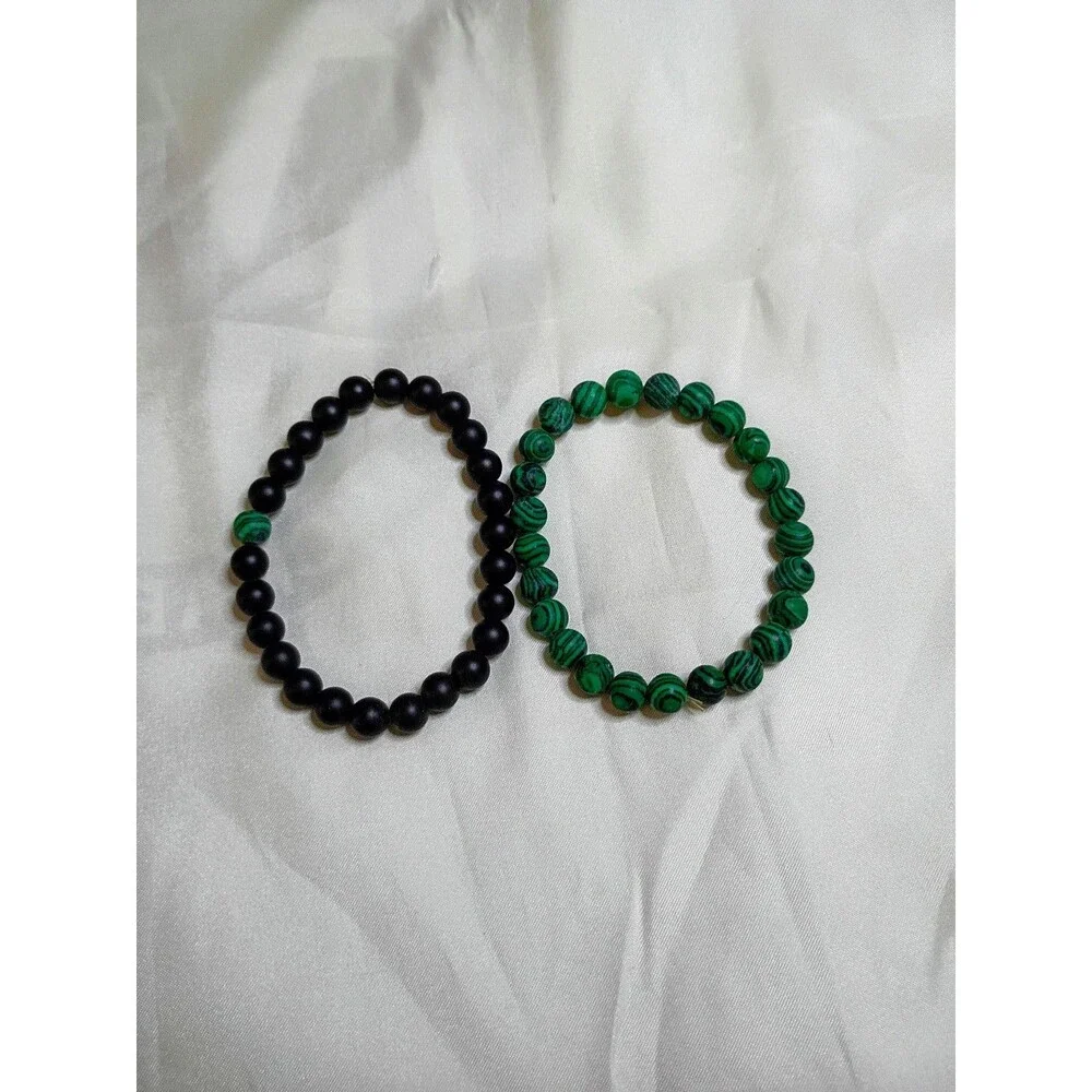 Lot of 2 Beaded Stretch Bracelets - Malachite Green + Matte Black